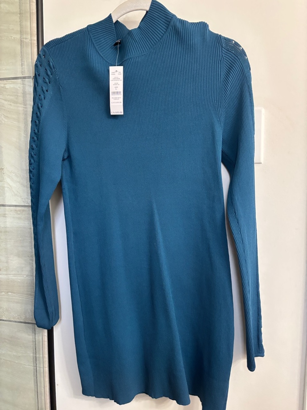 White House Black Market Midnight Teal Ribbed Mock Neck Dress